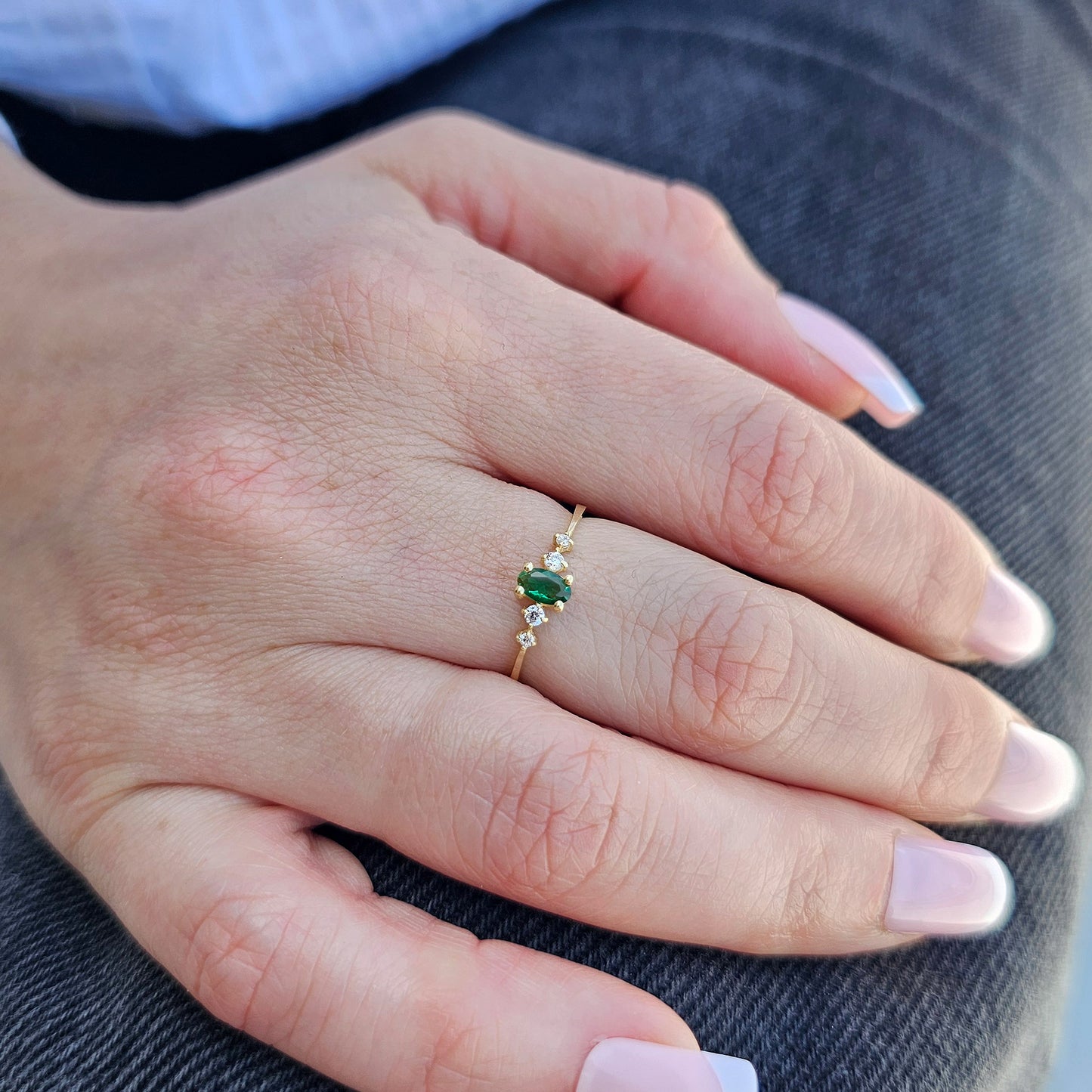 10K Gold Dainty Oval Emerald and Cz Ring - 2S121EME