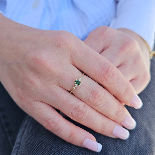 14K Gold Dainty Oval Emerald and Diamond Ring - 2S121EME