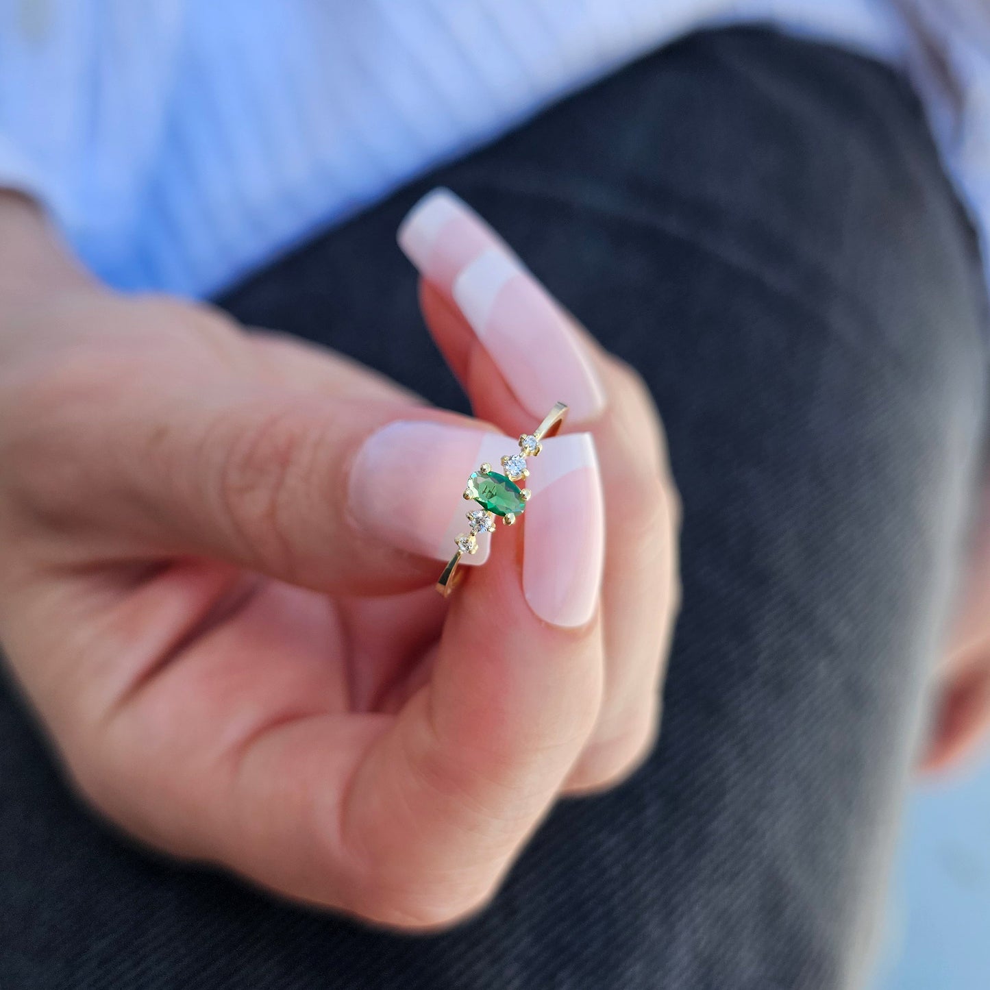 10K Gold Dainty Oval Emerald and Cz Ring - 2S121EME