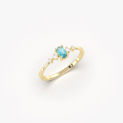 18K Gold Oval Aqua and CZ Ring - 2S121AQUA