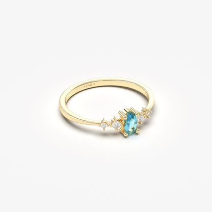 18K Gold Oval Aqua and CZ Ring - 2S121AQUA
