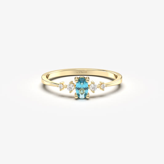 18K Gold Oval Aqua and CZ Ring - 2S121AQUA
