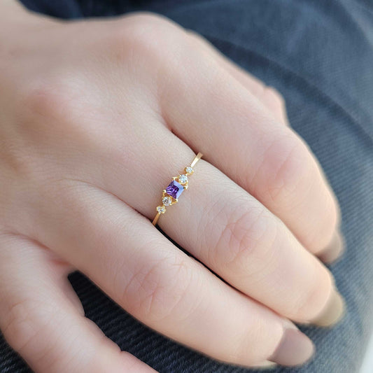 14K Gold Dainty Princess Amethyst and Diamond Ring - 2S122AME