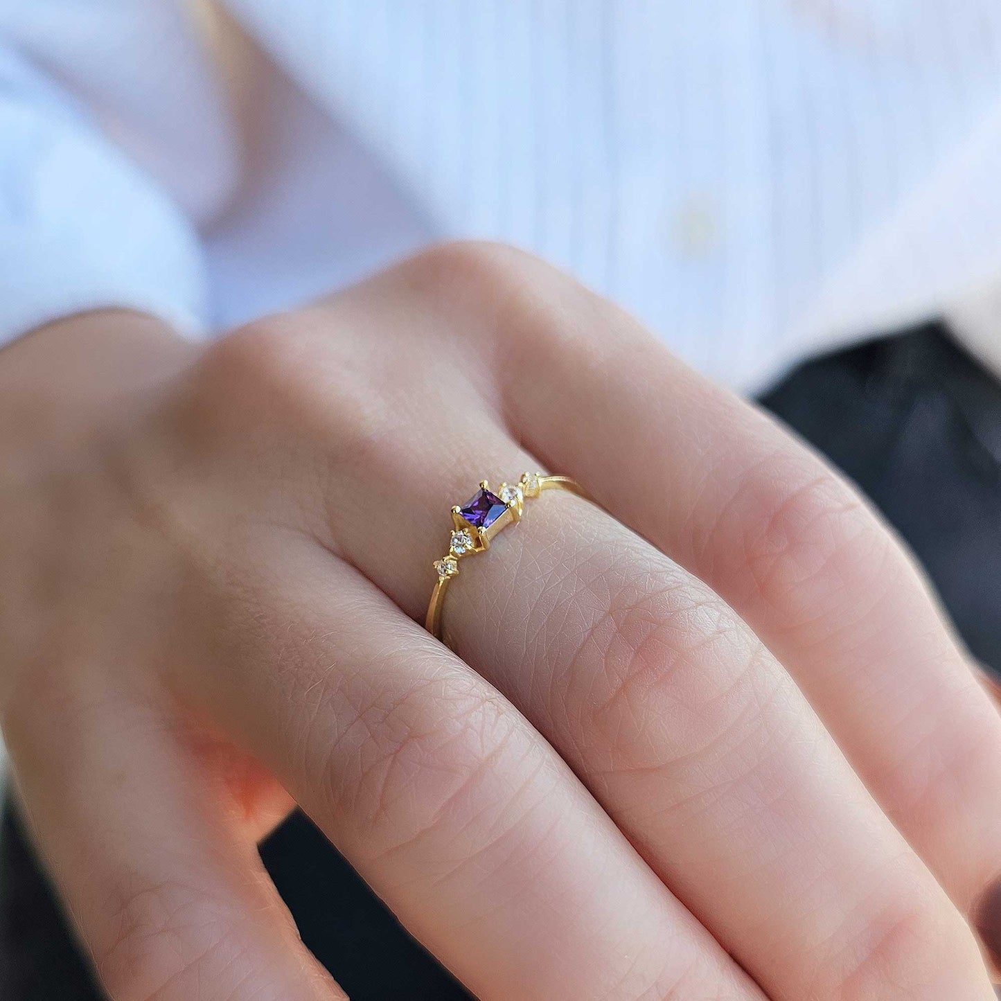 10K Gold Dainty Princess Amethyst and Diamond Ring - 2S122AME