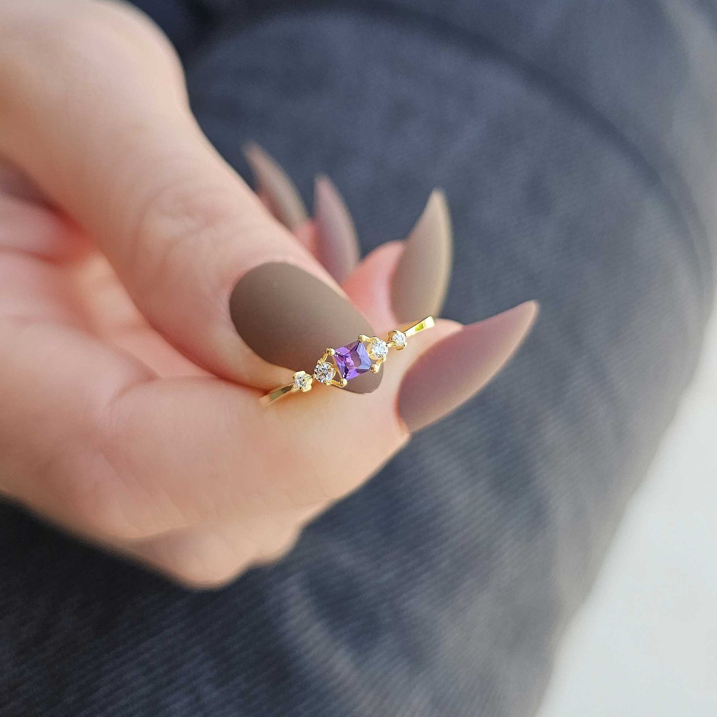 10K Gold Dainty Princess Amethyst and Diamond Ring - 2S122AME