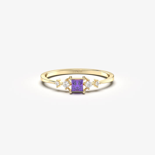 14K Gold Dainty Princess Amethyst and Diamond Ring - 2S122AME