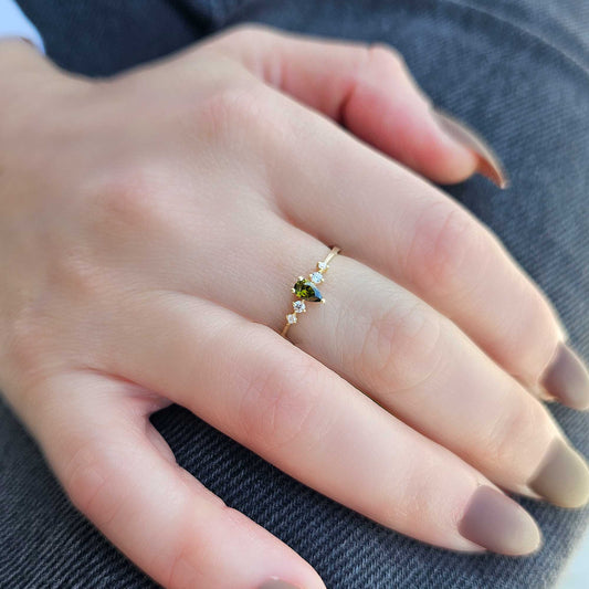 18K Gold Peridot Pear and Cz Ring - 2S123PER