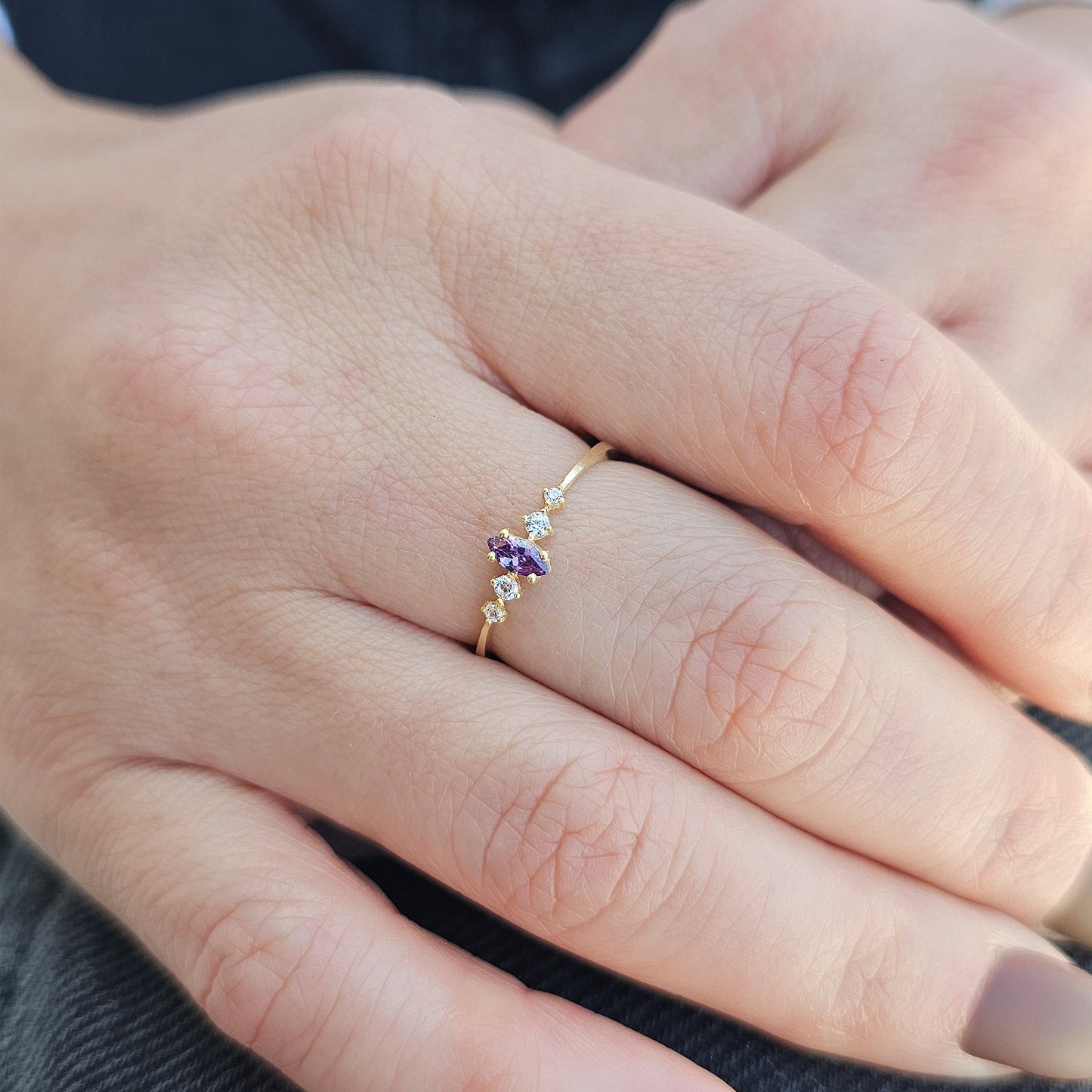 14K Gold Minimalist Marquise Amethyst and Diamond Ring - 2S124AME