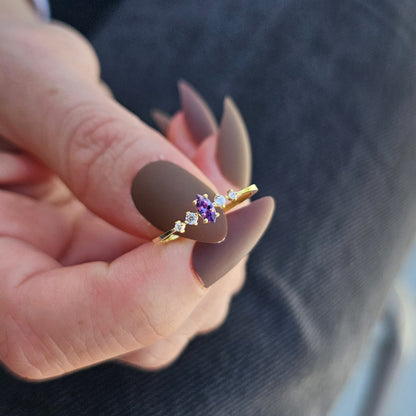 14K Gold Minimalist Marquise Amethyst and Diamond Ring - 2S124AME