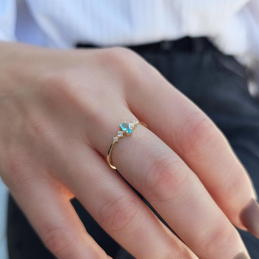 10K Gold Unique Marquise Aqua and Cz Ring - 2S124AQUA