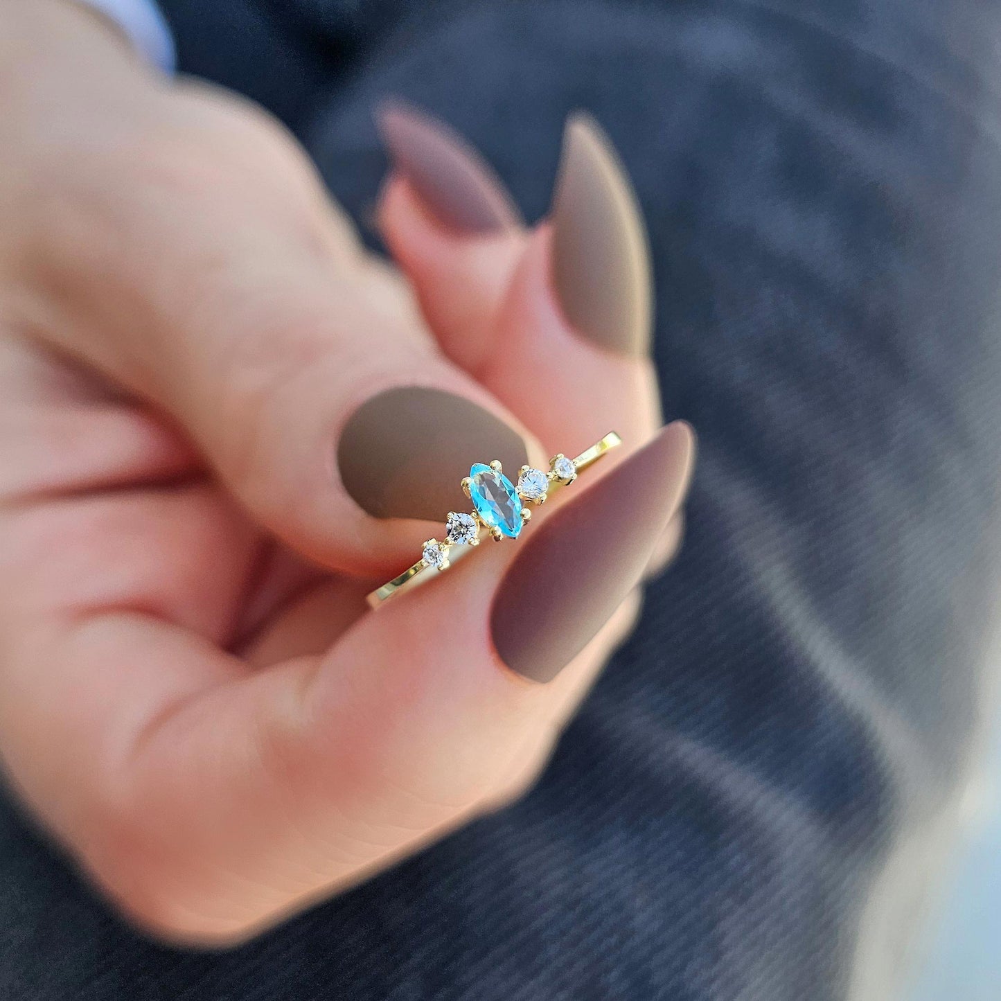 10K Gold Unique Marquise Aqua and Cz Ring - 2S124AQUA