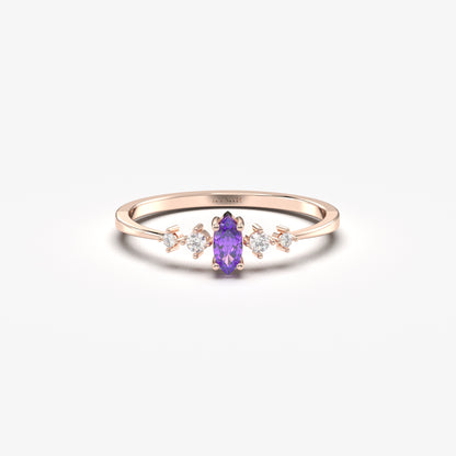 14K Gold Minimalist Marquise Amethyst and Diamond Ring - 2S124AME