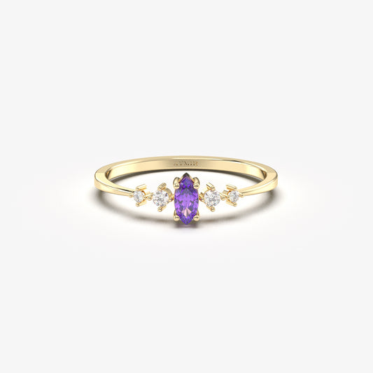 14K Gold Minimalist Marquise Amethyst and Diamond Ring - 2S124AME