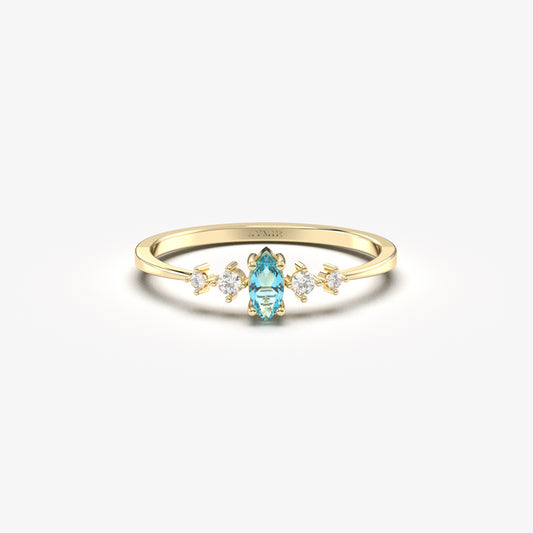 10K Gold Unique Marquise Aqua and Cz Ring - 2S124AQUA