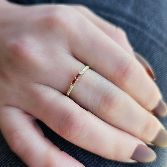 18K Gold Baguette Cut Garnet and Cz Ring - 2S16GAR