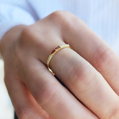 18K Gold Baguette Cut Garnet and Cz Ring - 2S16GAR