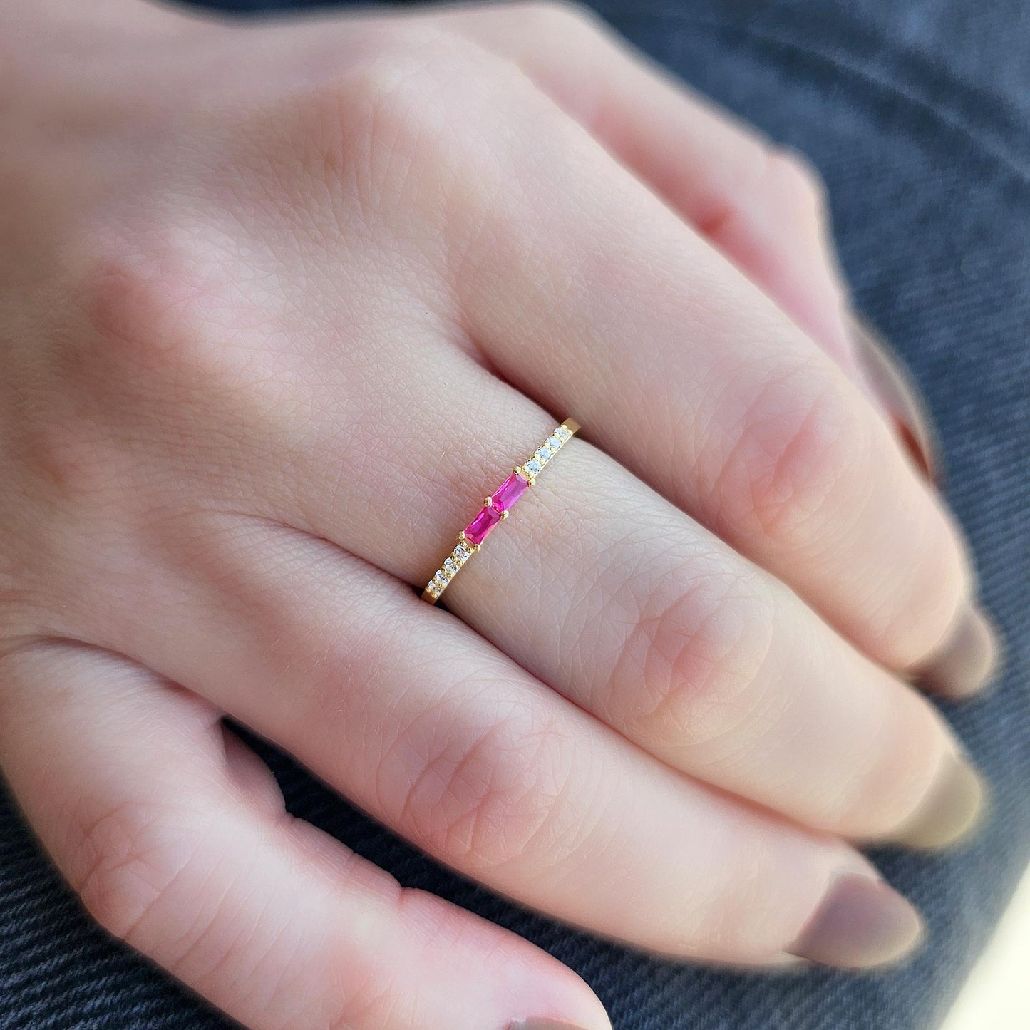 14K Gold Baguette Ruby and CZ Ring - 2S16RBY