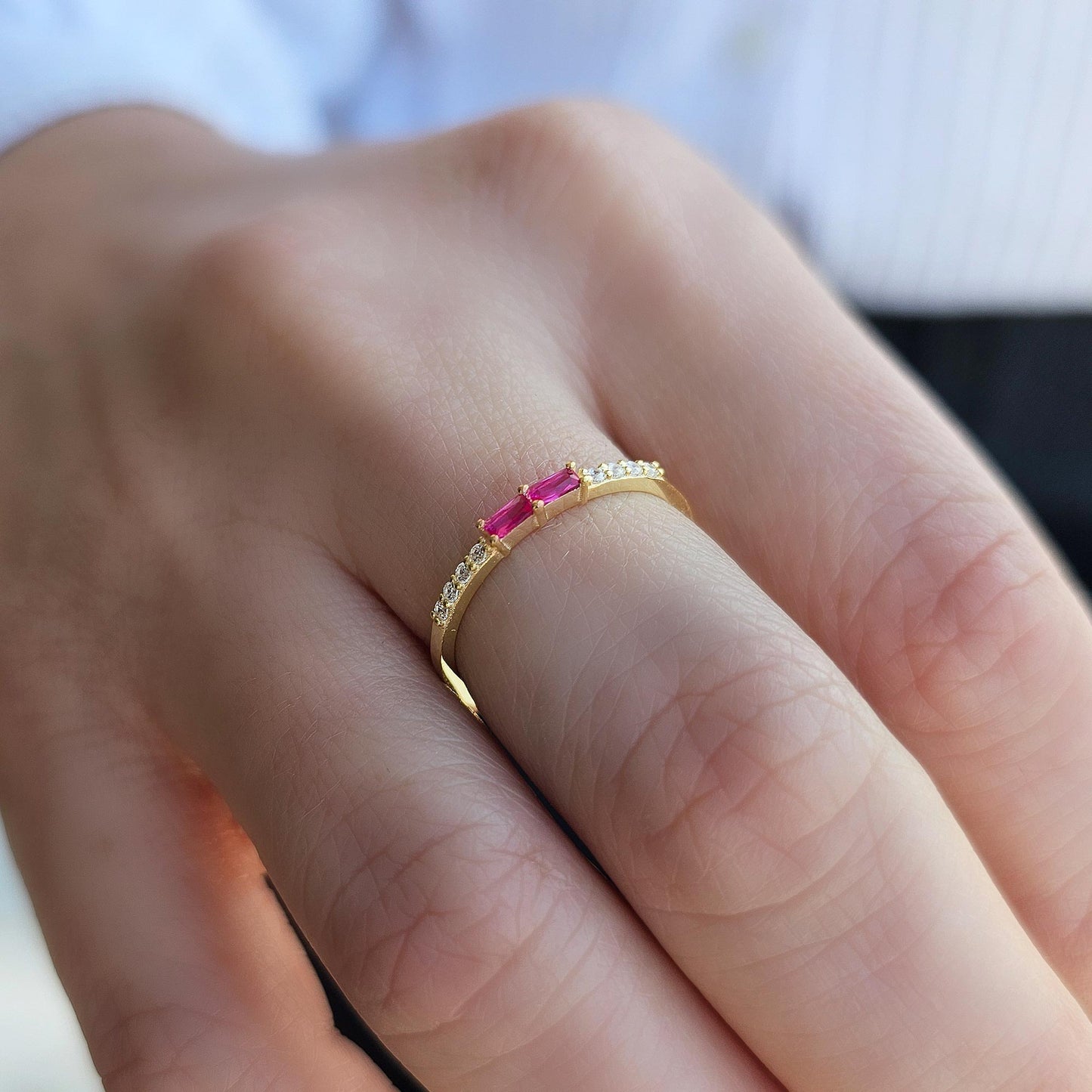 14K Gold Baguette Ruby and CZ Ring - 2S16RBY