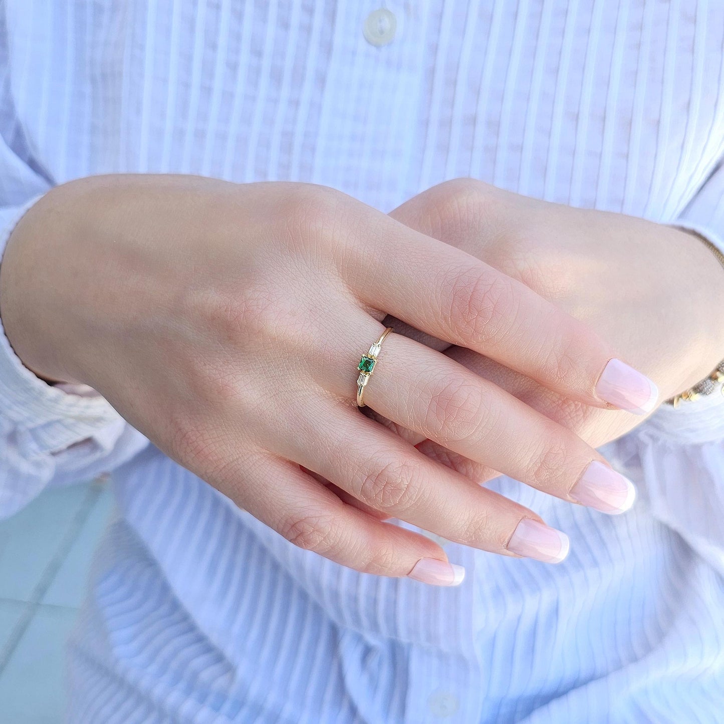 14K Gold Emerald Baguette CZ Ring - 2S162EME