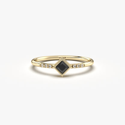 18K Gold Princess Cut Black Onyx and Cz Ring - 2S165BLK