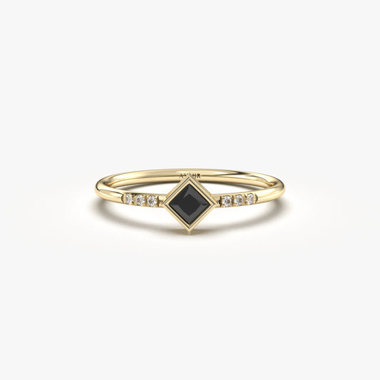 18K Gold Princess Cut Black Onyx and Cz Ring - 2S165BLK