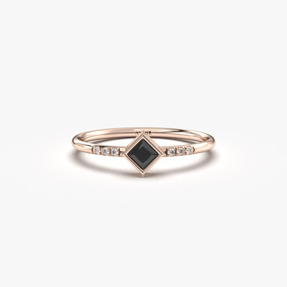 18K Gold Princess Cut Black Onyx and Cz Ring - 2S165BLK