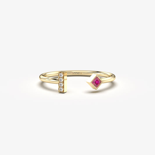 14K Solid Gold Princess Ruby and Diamond Open Ring - 2S174RBY