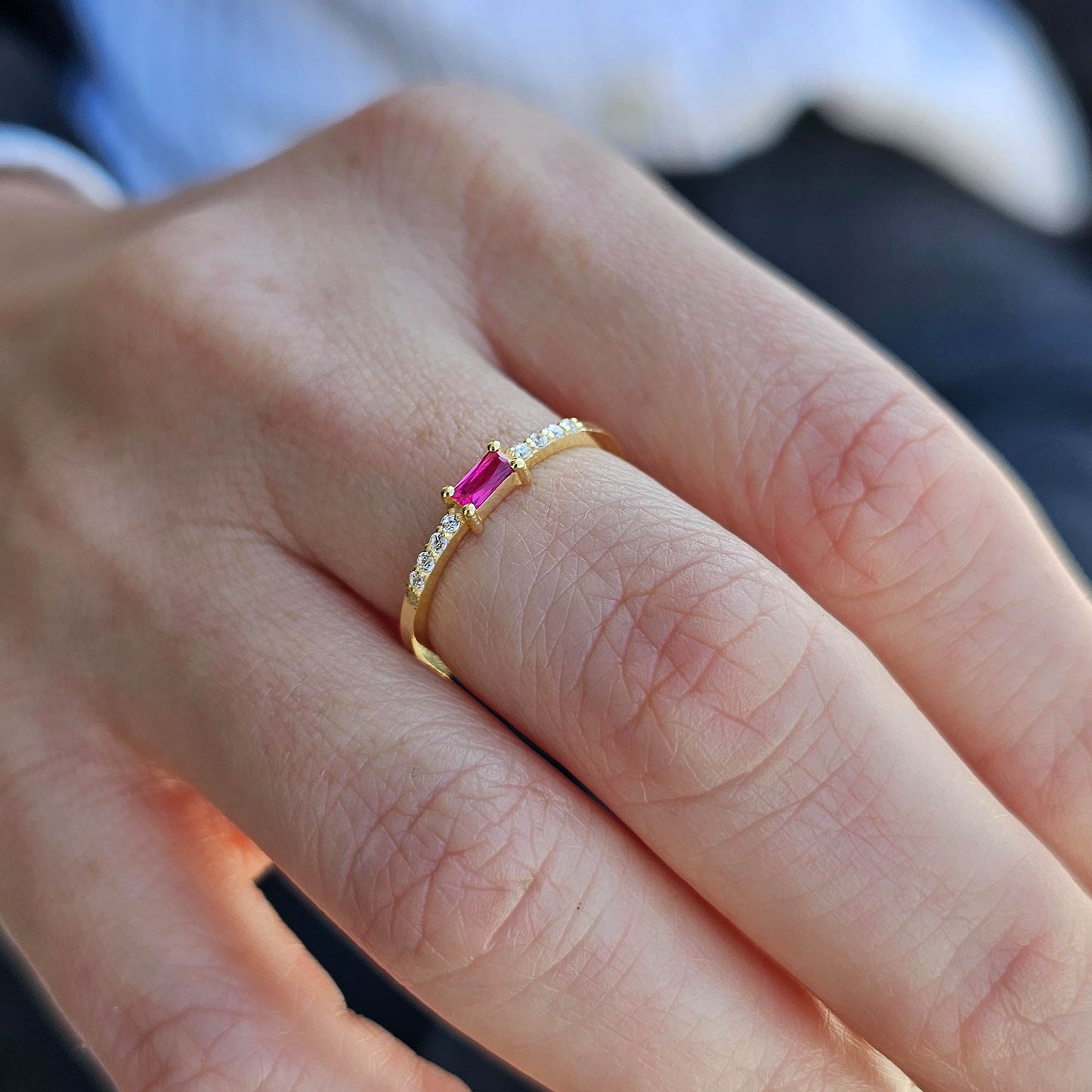 14K Gold Dainty Baguette Ruby and Diamond Ring - 2S2RBY