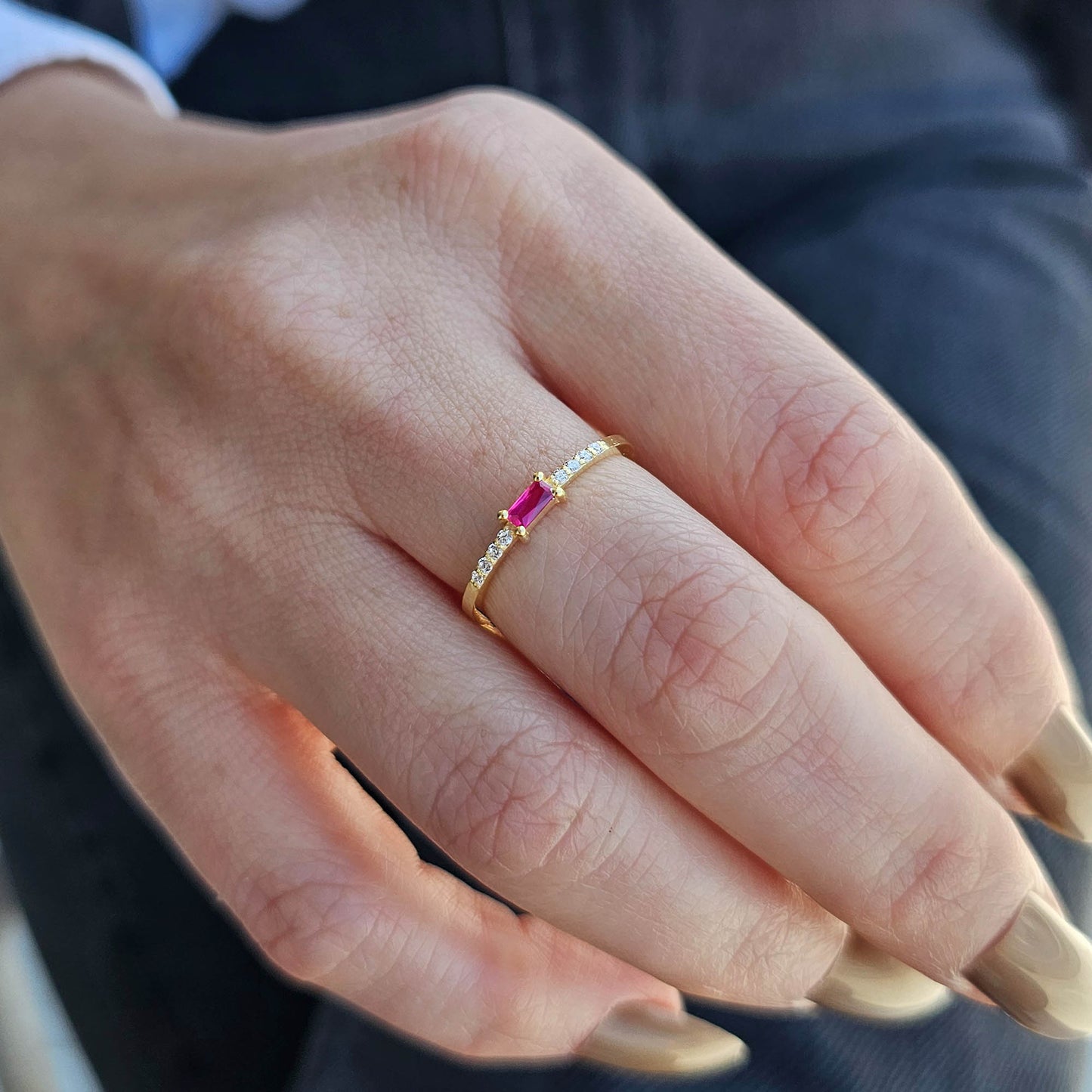 14K Gold Dainty Baguette Ruby and Diamond Ring - 2S2RBY