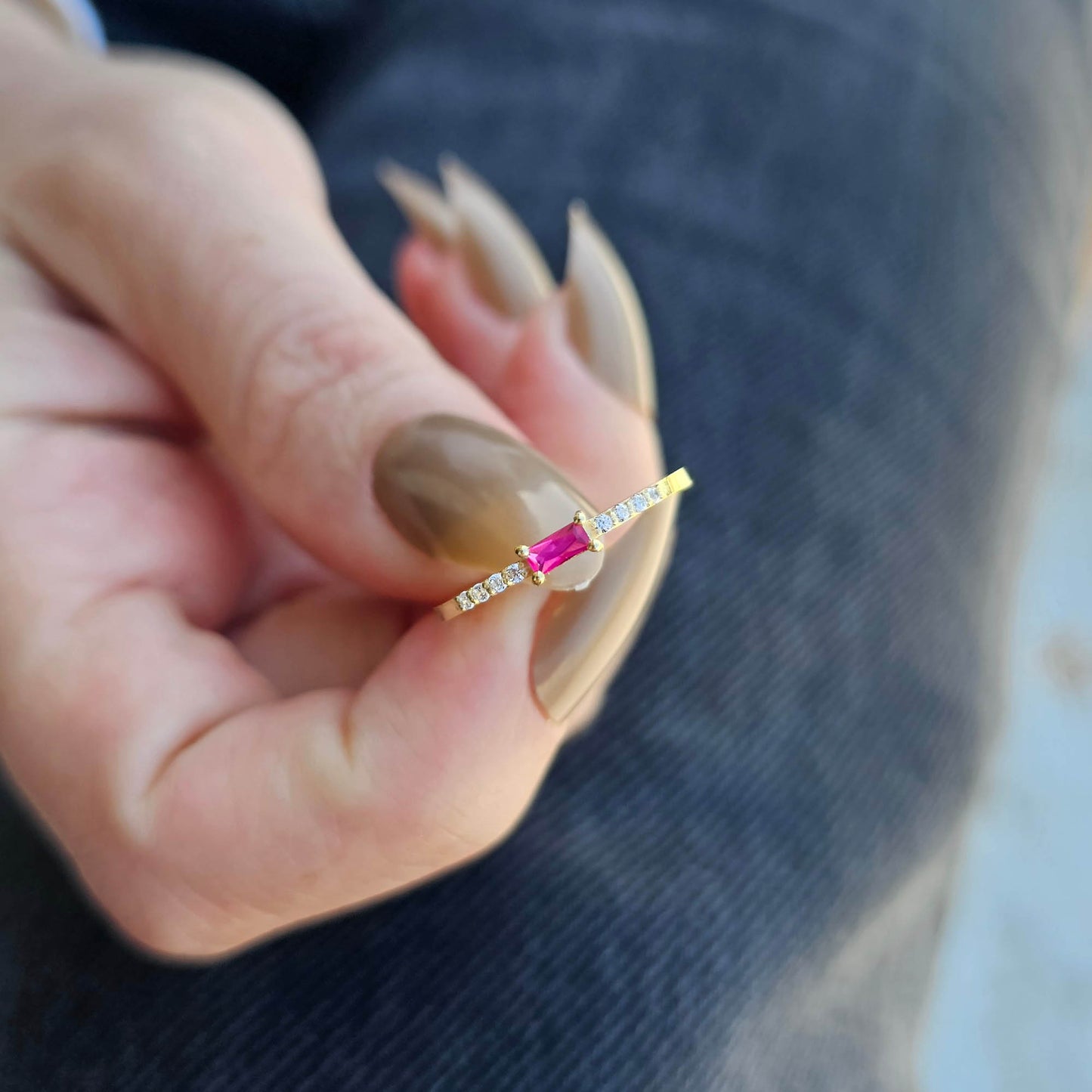 14K Gold Dainty Baguette Ruby and Diamond Ring - 2S2RBY