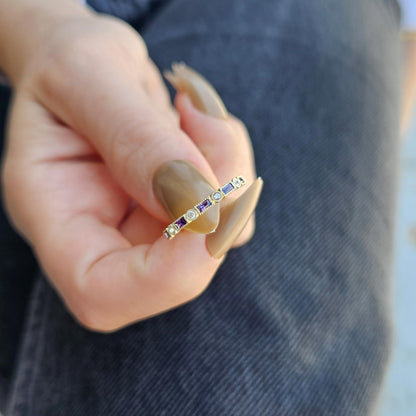 18K Gold Baguette Cut Amethyst and Cz Ring - 2S233AME