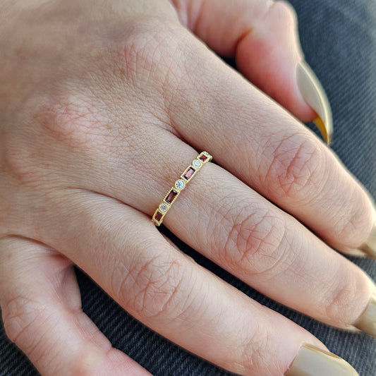 18K Gold Baguette Cut Garnet and Cz Ring - 2S233GAR