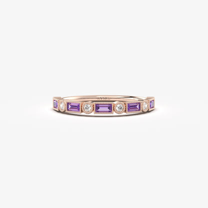 18K Gold Baguette Cut Amethyst and Cz Ring - 2S233AME