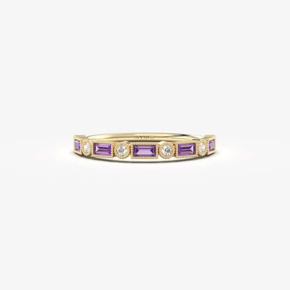 18K Gold Baguette Cut Amethyst and Cz Ring - 2S233AME