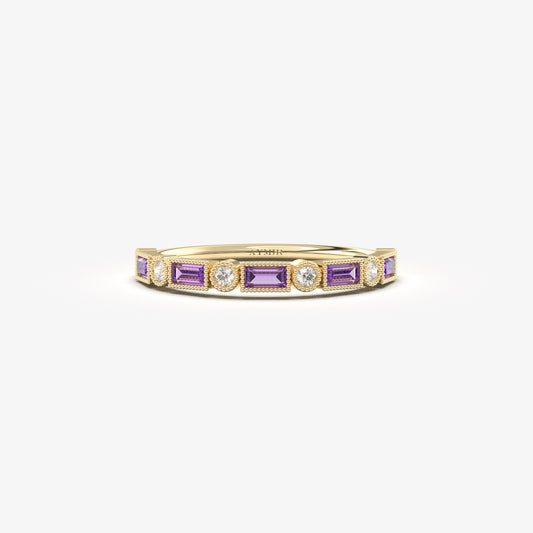 18K Gold Baguette Cut Amethyst and Cz Ring - 2S233AME