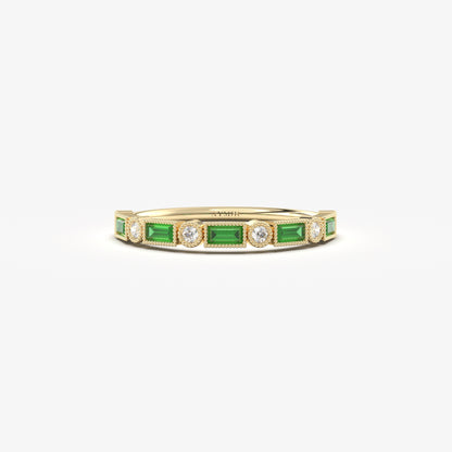 18K Gold Baguette Cut Emerald and Cz Ring - 2S233EME