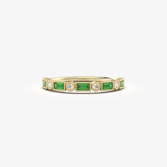 18K Gold Baguette Cut Emerald and Cz Ring - 2S233EME