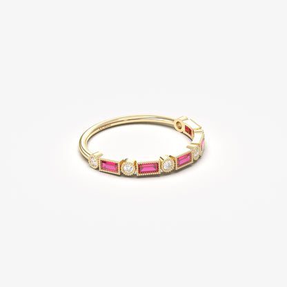 18K Gold Baguette Cut Ruby and Cz Ring - 2S233RBY