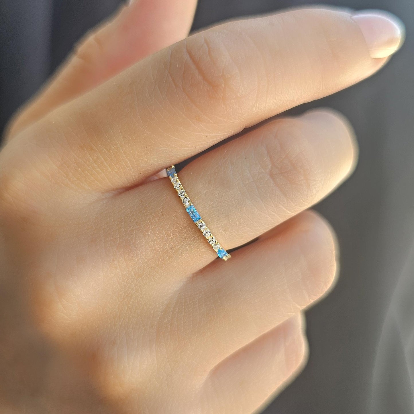 18K Gold Baguette Cut Sky Blue and Cz Ring - 2S241SKY