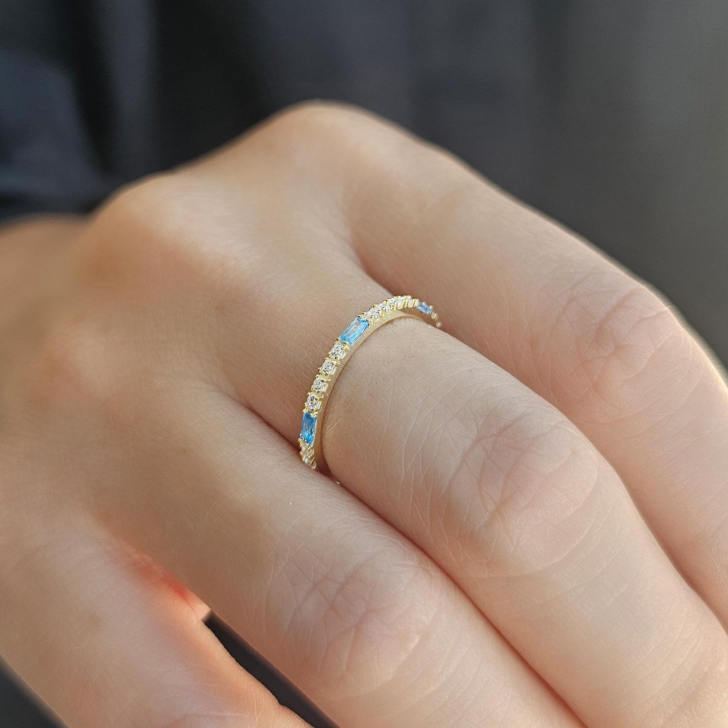 18K Gold Baguette Cut Sky Blue and Cz Ring - 2S241SKY
