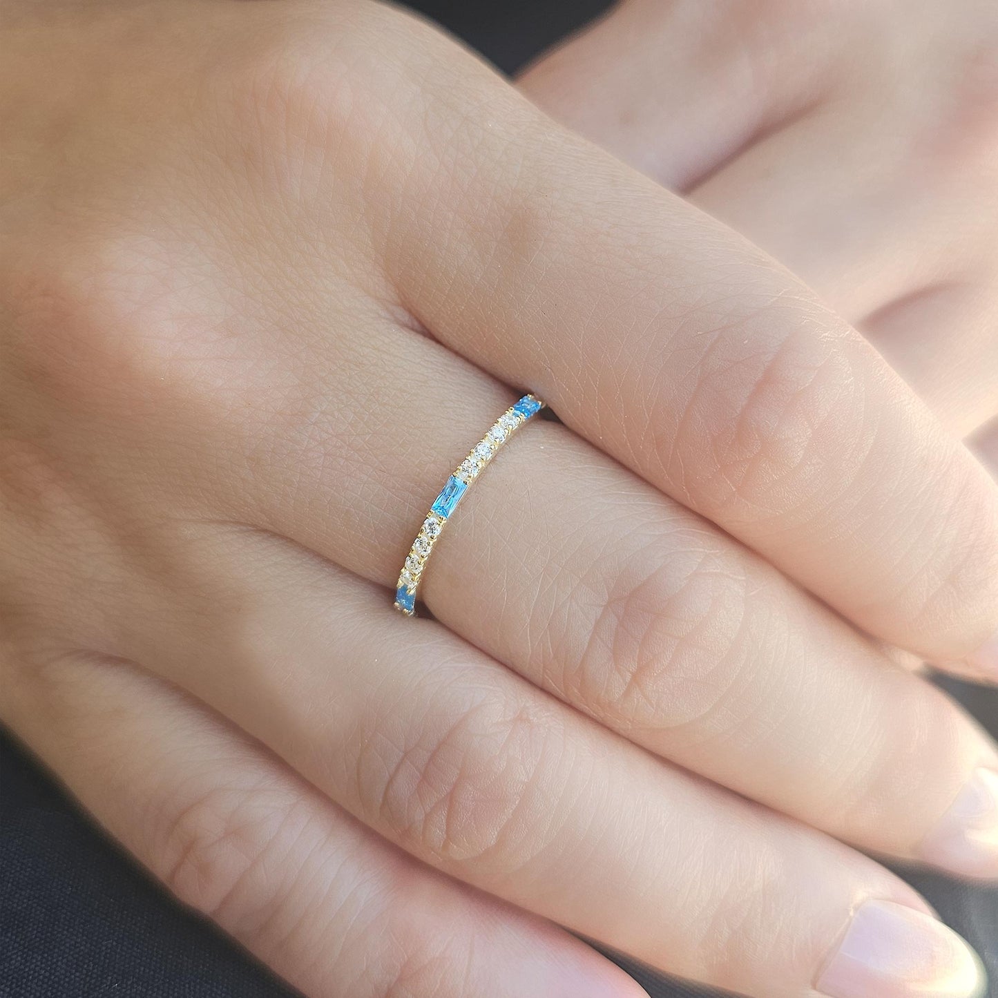 18K Gold Baguette Cut Sky Blue and Cz Ring - 2S241SKY
