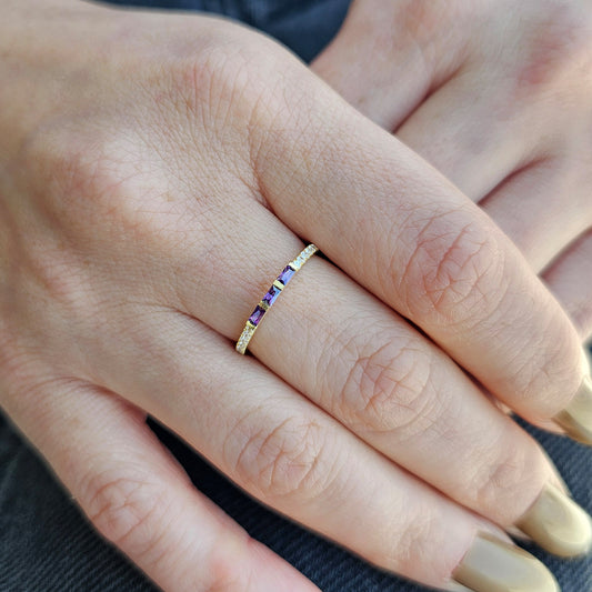 10K Gold Dainty Baguette Amethyst and Diamond Ring - 2S245AME