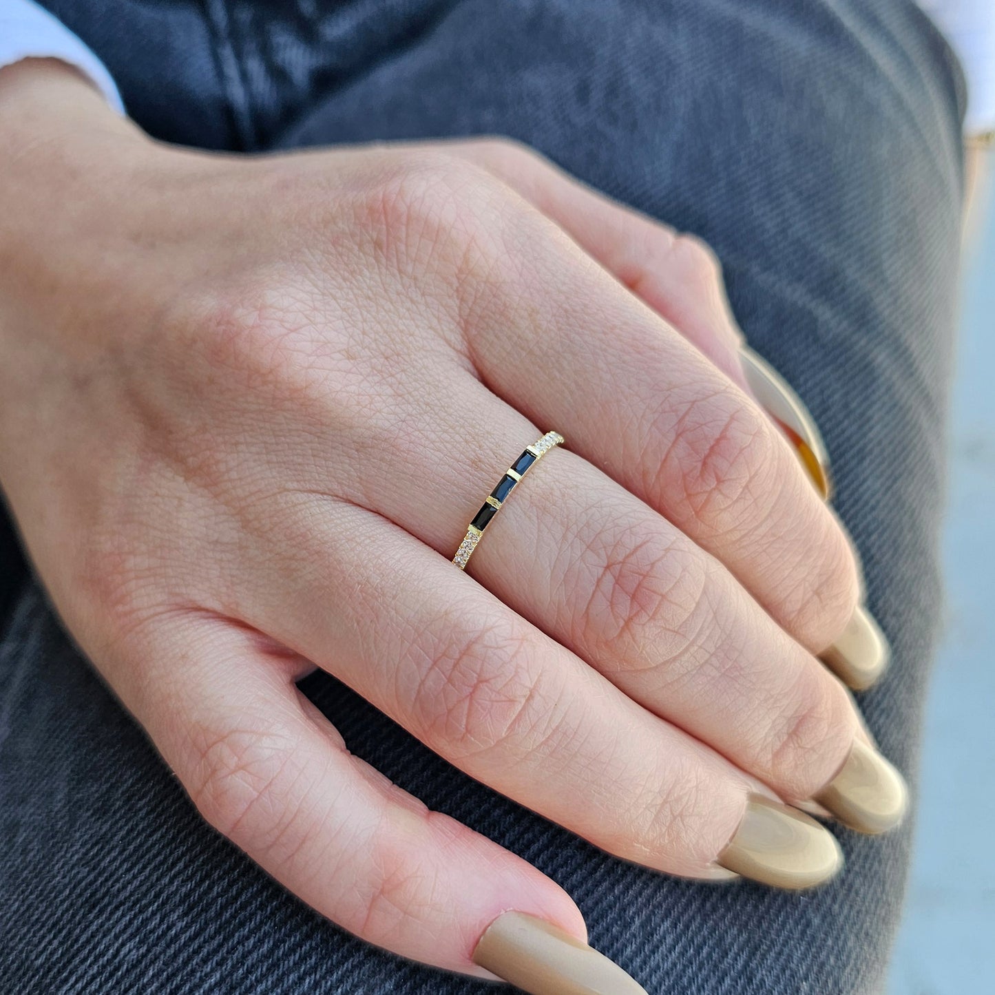 10K Gold Unique Baguette Black Onyx and Cz Ring - 2S245BLK