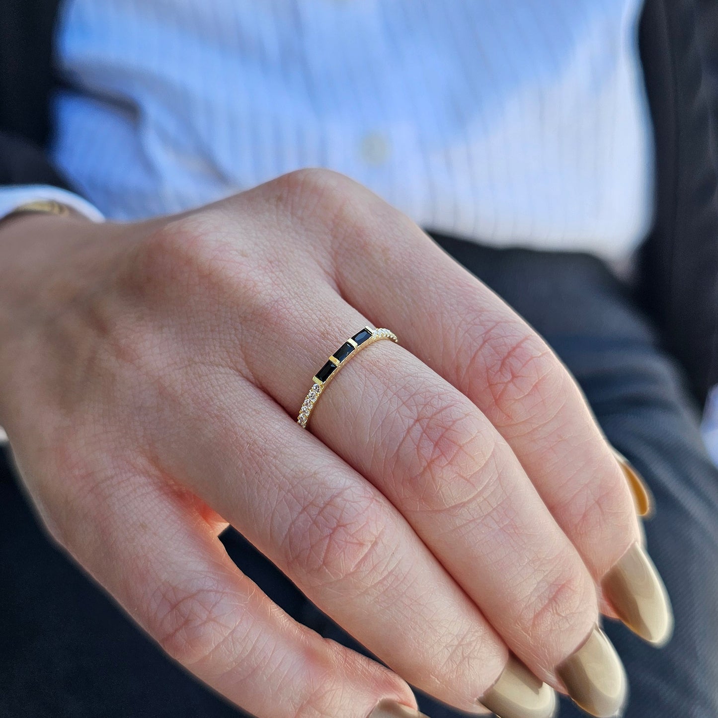10K Gold Unique Baguette Black Onyx and Cz Ring - 2S245BLK