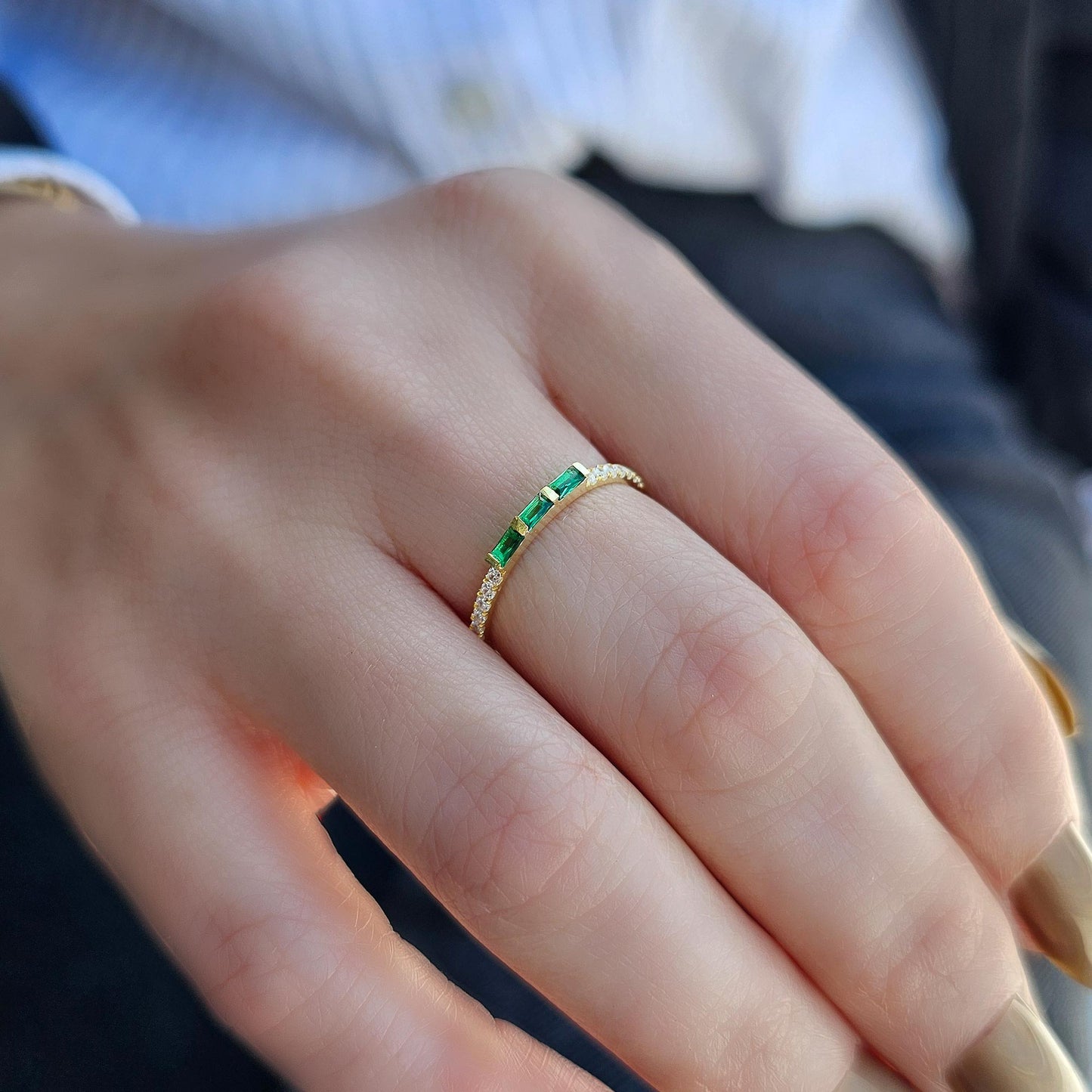 18K Gold Baguette Cut Emerald and Cz Ring - 2S245EME