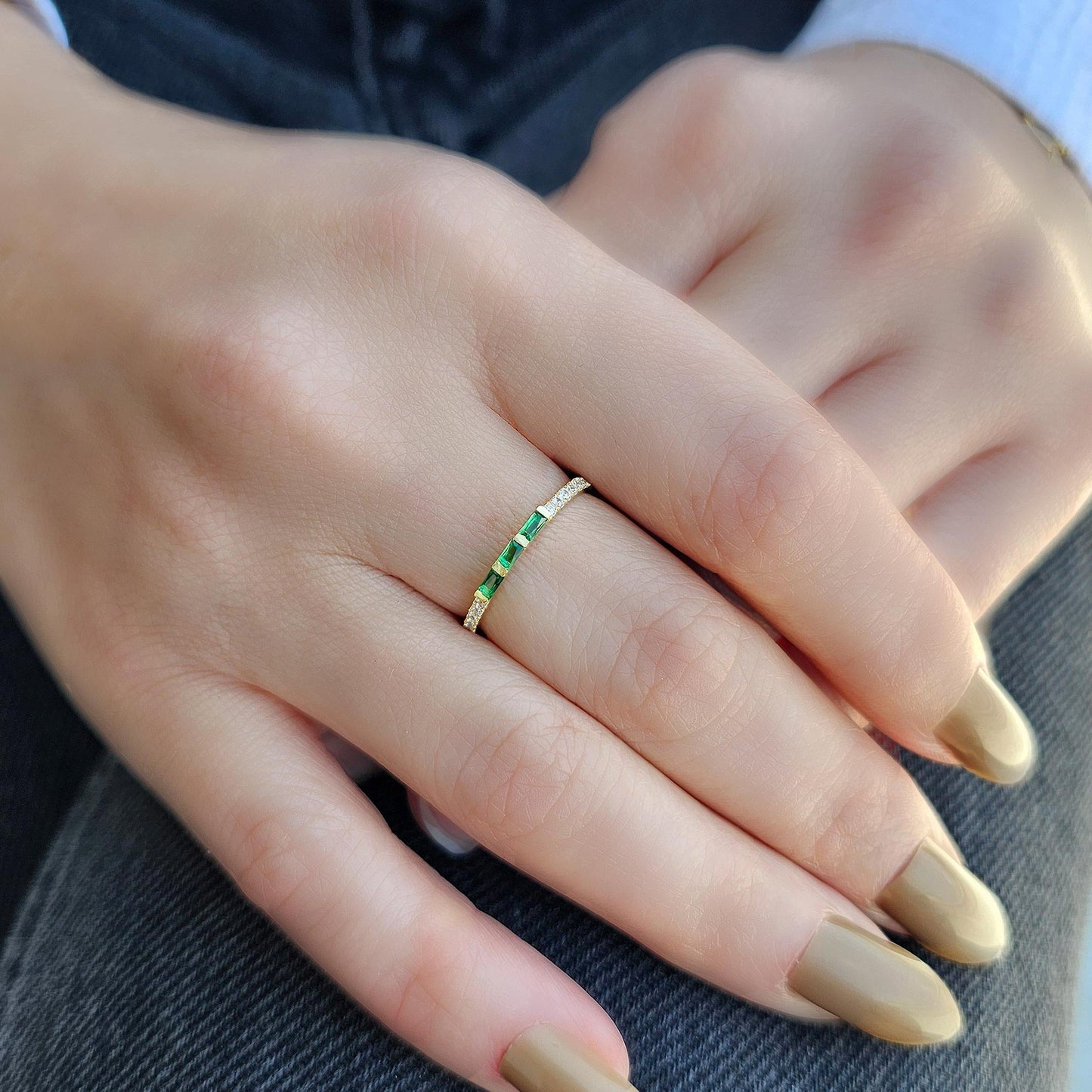 18K Gold Baguette Cut Emerald and Cz Ring - 2S245EME