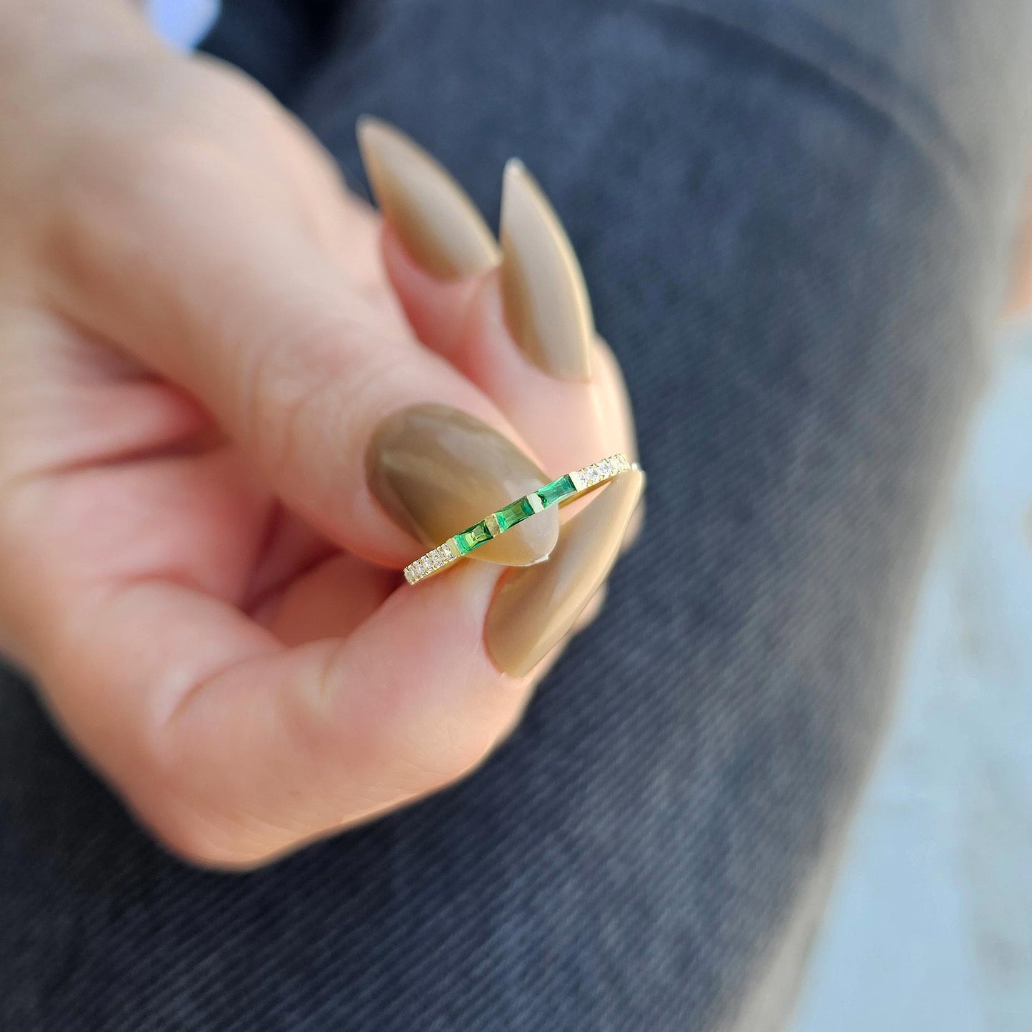18K Gold Baguette Cut Emerald and Cz Ring - 2S245EME