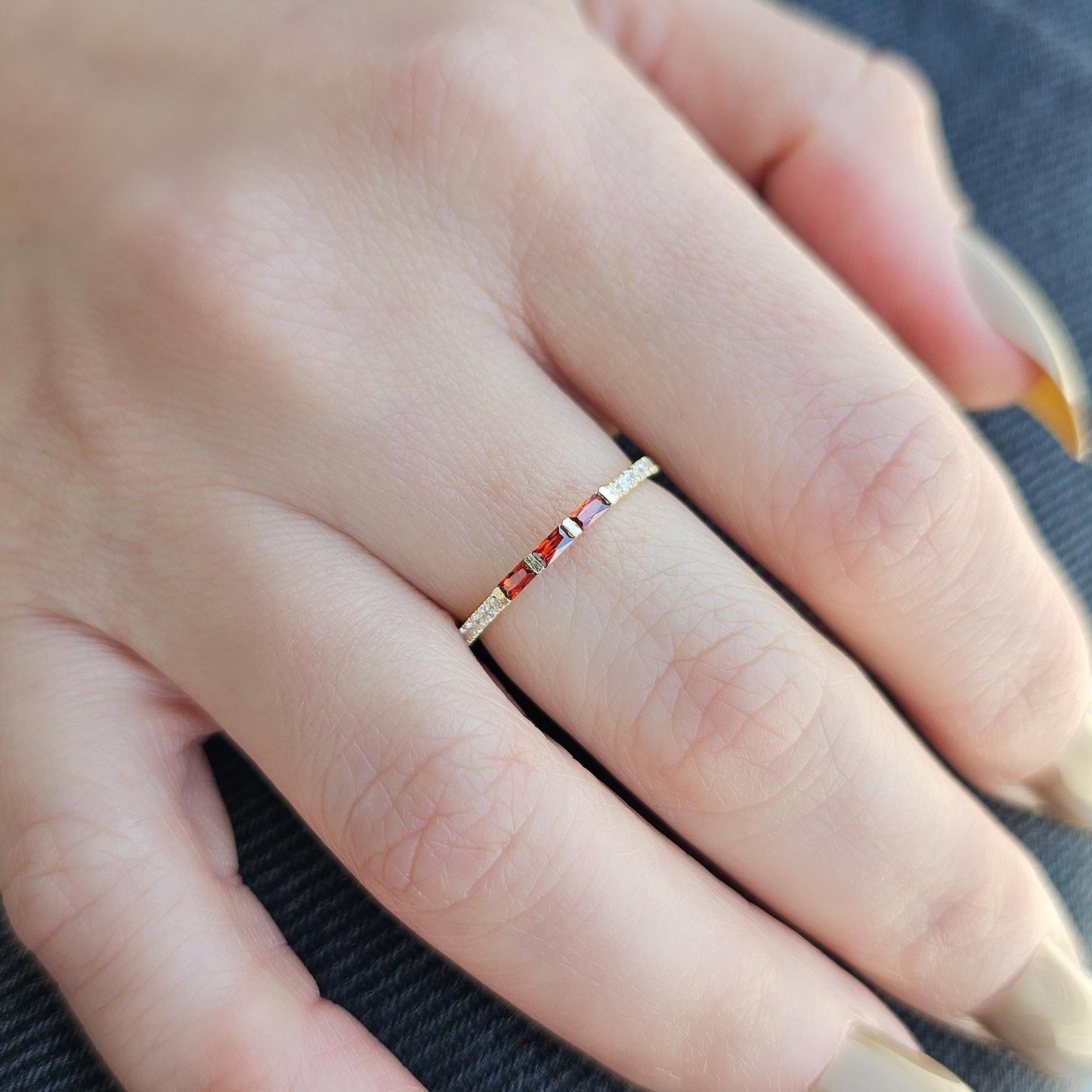 18K Gold Baguette Cut Garnet and Cz Ring - 2S245GAR
