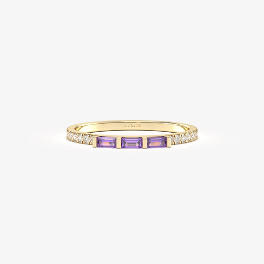 10K Gold Dainty Baguette Amethyst and Cz Ring - 2S245AME