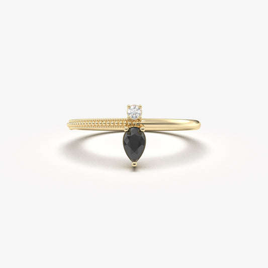 10K Gold Dainty Pear Black Onyx and Cz Ring - 2S294BLK